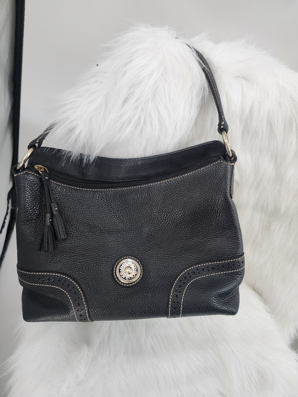 Dooney & Bourke Vintage Black Pebbled Leather Shoulder Bag Handbag with Tassel
